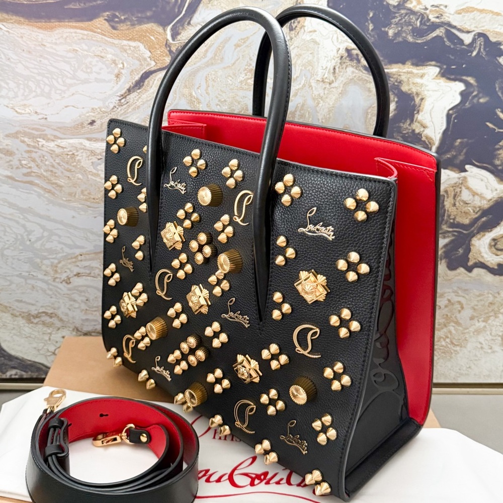 Christian Louboutin Black and Red Tote with Gold Embellishments